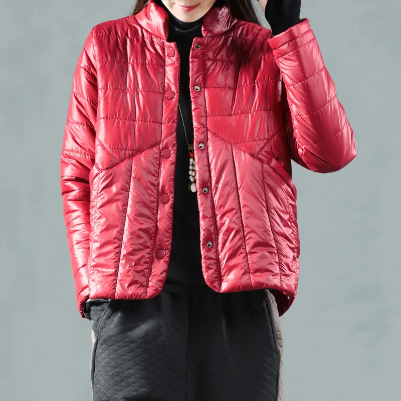 Fashion winter new loose solid color bright down cotton warm jacket stand collar long sleeve quilted clothing women | Женская одежда