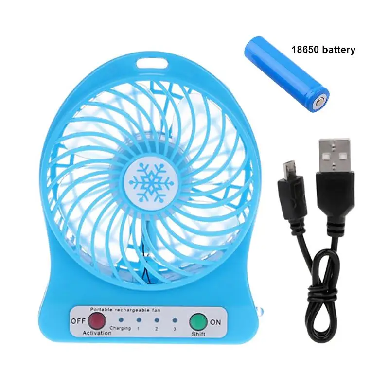 Blue with Battery Портативный перезаряжаемый светодиодный светильник, летний вентилятор, мини usb зарядка, воздушный охладитель, 3 режима регулировки скорости - Цвет: Blue with Battery