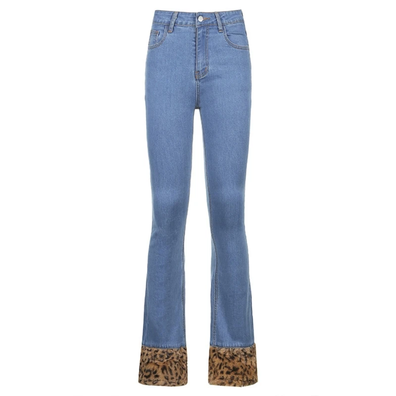

Women Vintage High Waist Denim Pants Harajuku Leopard Fluffy Plush Patchwork Hem Jeans Flare Bell Bottom Slim Trousers