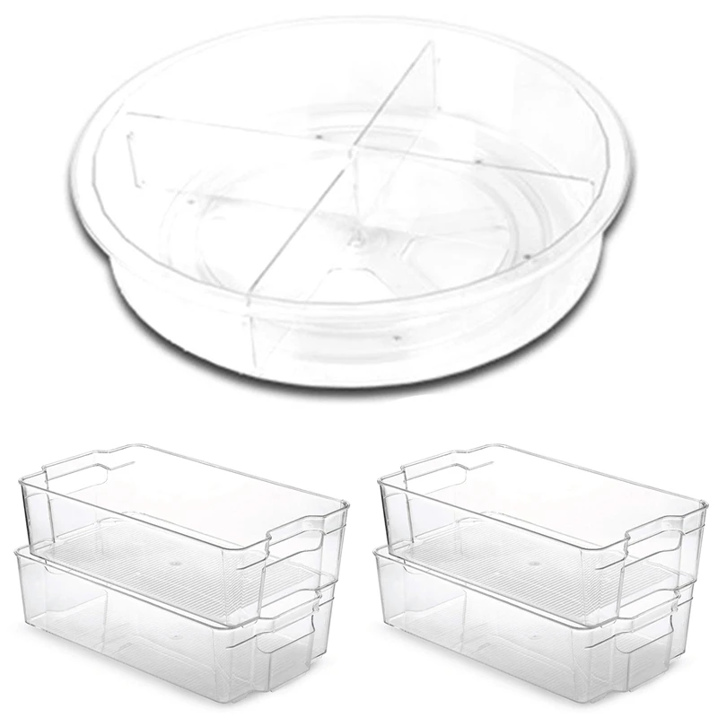

1Pcs Kitchen Storage Rack 360 Turntable Holder with Set of 4 Refrigerator Organizer Bins
