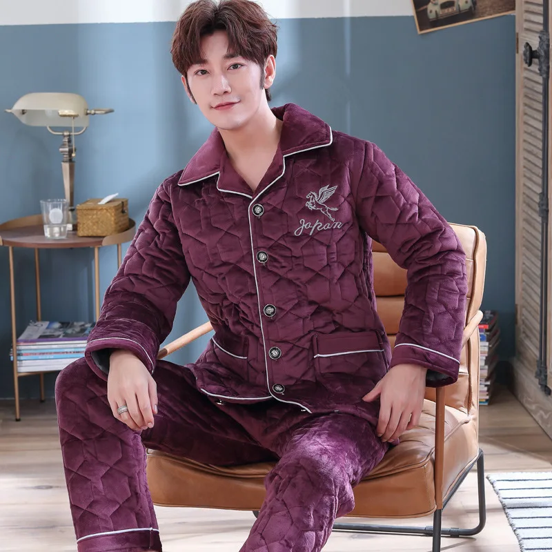 Pajamas Men Winter Three-layer Thick Coral Velvet Quilted Plus Velvet Flannel Home Service Youth Suit Pijama De Hombre Invierno