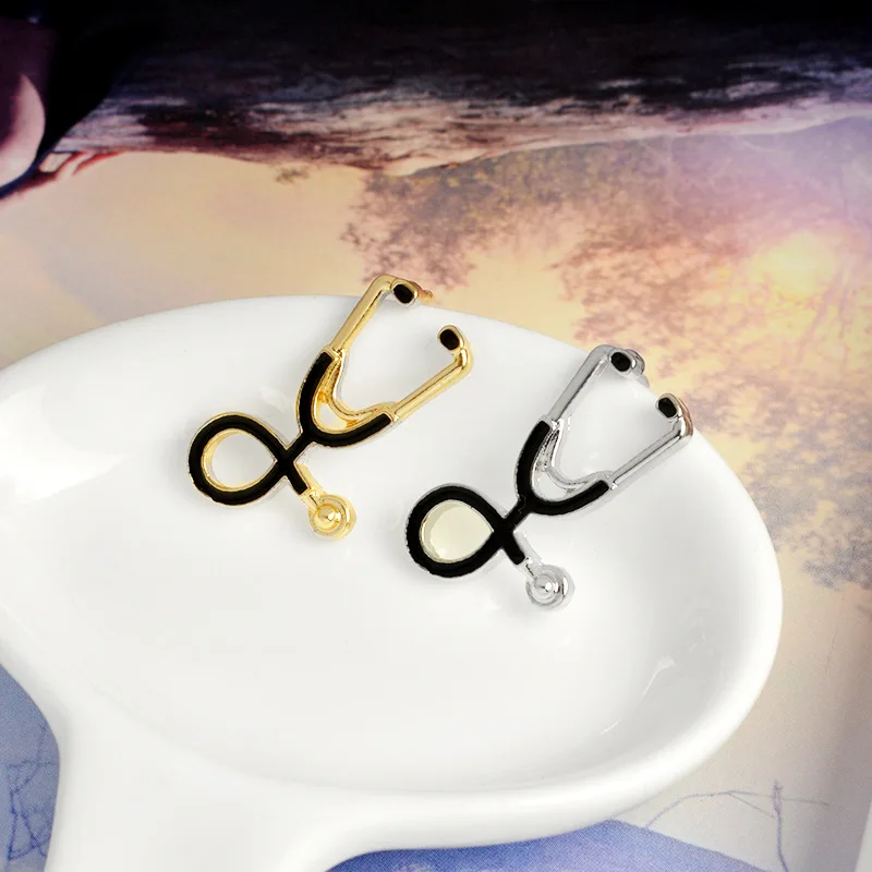 Эмалированная булавка для лацкана в форме стетоскопа золотые и серебряные броши