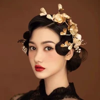 vintage tiara gold flower hair accessories butterfly headband with earrings 2021 haar jewellery pearl headpiece headdress