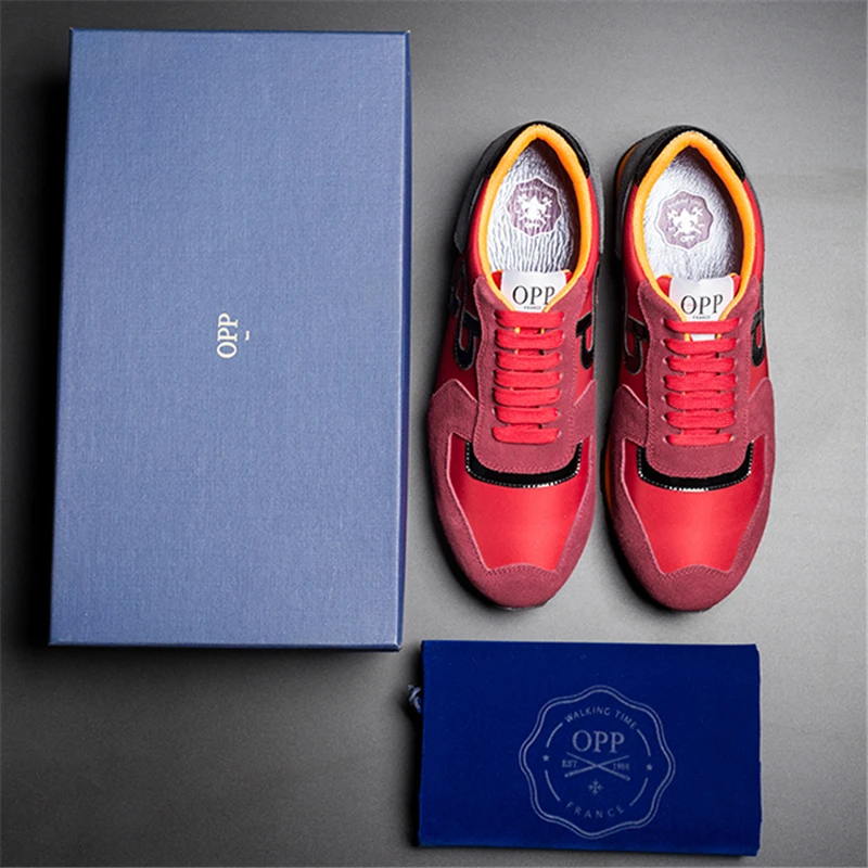 

OPP Men's Shoes Cow Leather Flats With Running Shoes Red Genuine Leather Lace-up Sports Shoes Men's Casual Footwear Sneakers