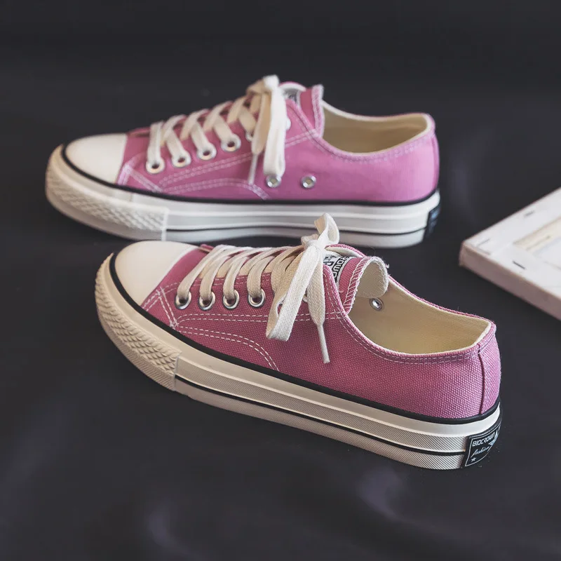 

Кроссовки Женские однотонные на плоской подошве, парусиновые сникерсы с резиновой подошвой, на шнуровке, однотонные, ярко-розовые, для отды...