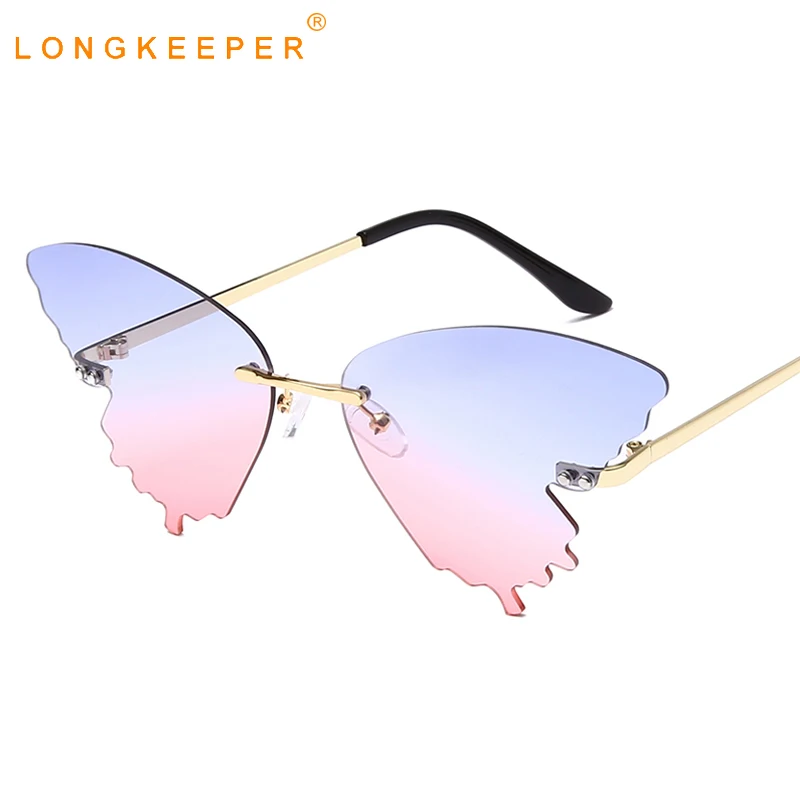 

LongKeeper Luxury Rimless Butterfly Sunglasses Women 2020 New Cat Eye Sun Glasses Female Blue Pink Shades lentes de sol mujer