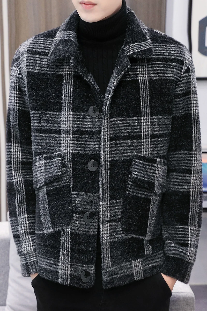 

Mens Wool Trench Coat Jackets 2020 Winter Men Plaid Casual Lapel Short Jacket Youth Slim Plaid Plush Windbreaker Erkekler Ceket