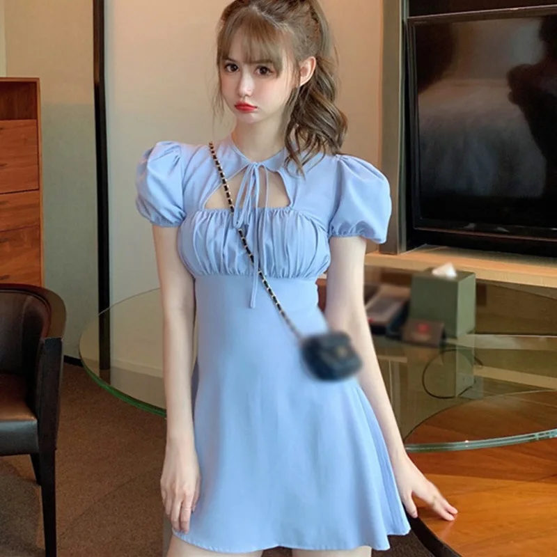 

French Machine Super Fairy Sen Style Dress Summer Hollowed Out Lace-up Puff Sleeve Vestidos,