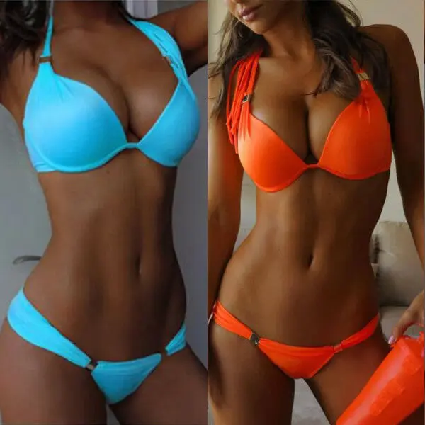 

Women Blue/Orange Sexy Halter Solid Color Bikini Bra Set Push-up Padded Bandage Swimwear Swimsuit Bathing Beach Two-Piece Suits