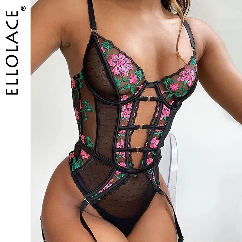 

Боди Ellolace, сексуальное прозрачное боди с косточками, с вырезами, обтягивающее эротическое боди с цветочным рисунком, без рукавов, черный топ...