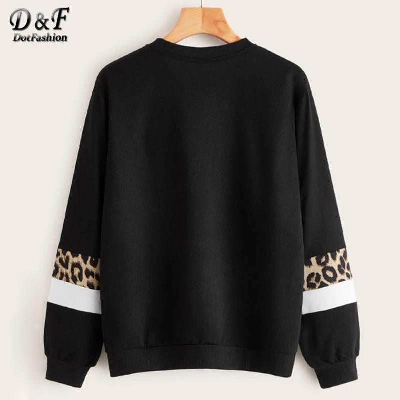 Dotfashion Black Casual Leopard Print Patchwork Sweatshirt Women Autumn Long Sleeve Sweatshirts Ladies Basic Sweatshirt