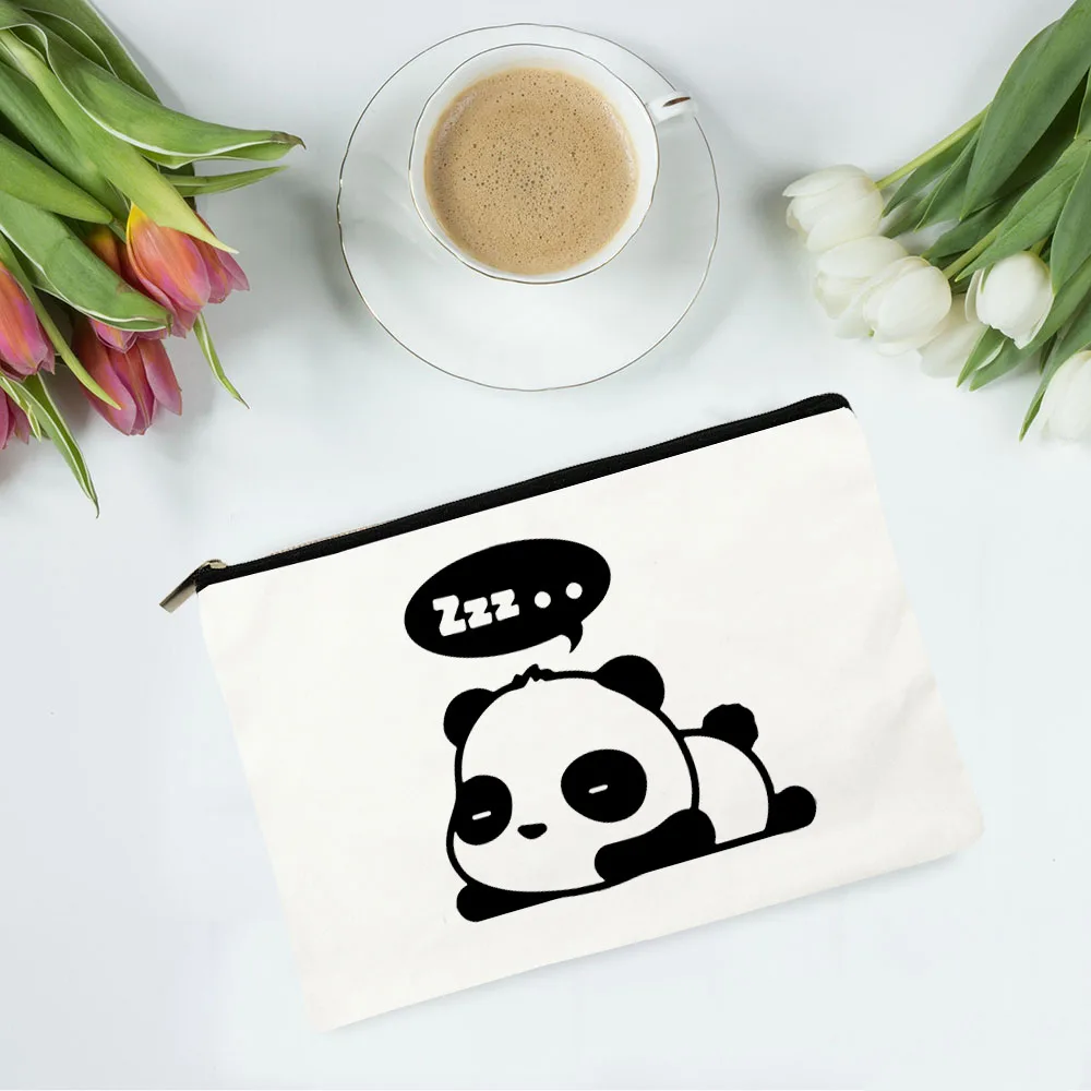 

Funny Panda Canvas Cosmetic Bags Harajuku Casual Makeup Pouch Reusable Lipstick Bags Women Zipper Travel White Portable Purse