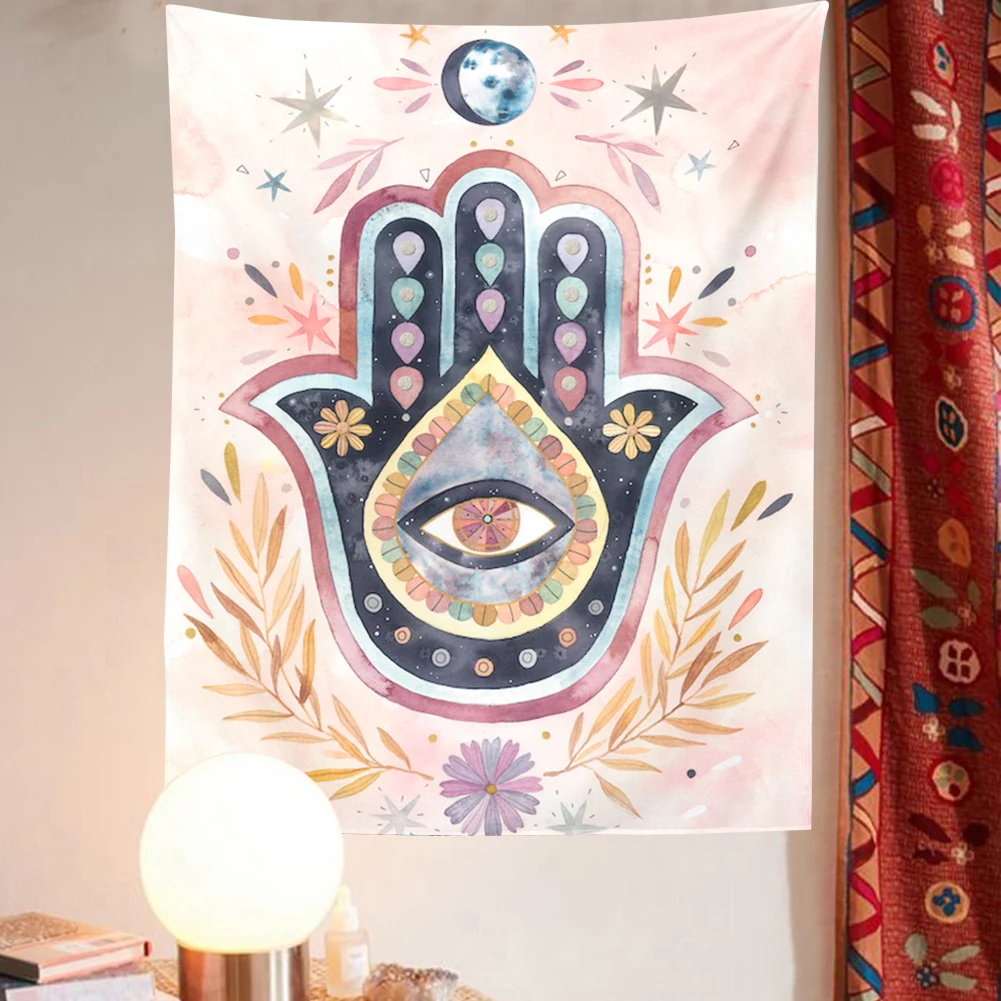 

Настенный Гобелен Fatima Hamsa, ручной декор, сглаза, акварель, фаза Луны, настенный гобелен в стиле бохо, цветочный Настенный декор для спальни