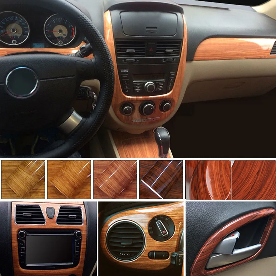 High Glossy Wood Grain Textured Vinyl Sticker Decal Roll Car Interior DIY Film Wrap Automobiles Waterproof Vinyl 7 Sizes Choice