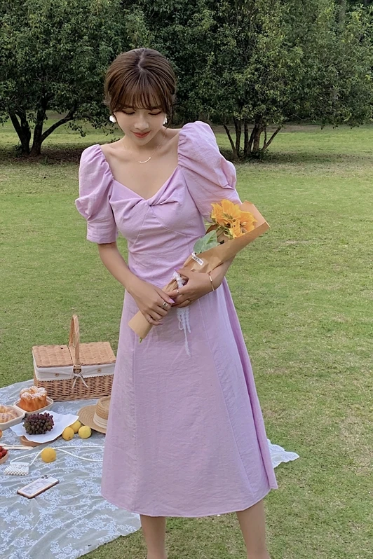 

Uulutonica Summer Women Elegant Fashion A-line Solid Short Folds Mid-calf Puff Sleeve Empire Square Collar Dress