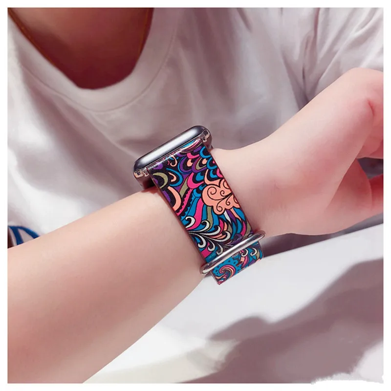 Кожаный ремешок для часов Apple Watch 44 мм 40 Iwatch 38 42 с цветочным принтом 5 4 3 мм|Ремешки