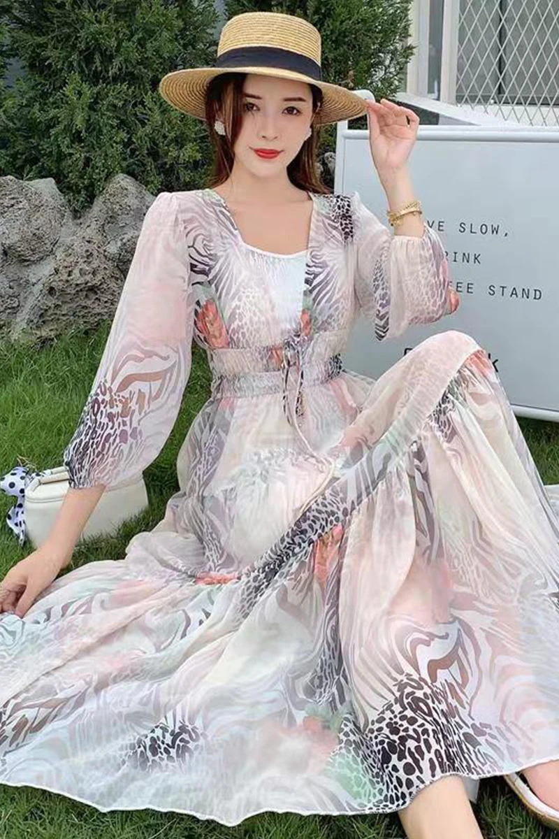 

2021 New Women's Elegant Loose Mini Dress Retro Seaside Large Swing Temperament Luxury Printed Long Vacation One Piece Dresses
