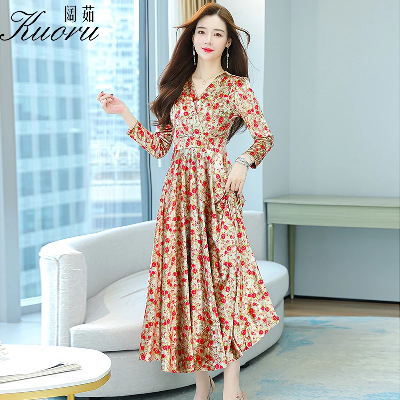 

Women 2022 Size 4XL V Neck Vintage Dress Autumn Winter Vestito Floreale Long Sleeve Casual Corduroy Fashion Robe De Soiree Femme