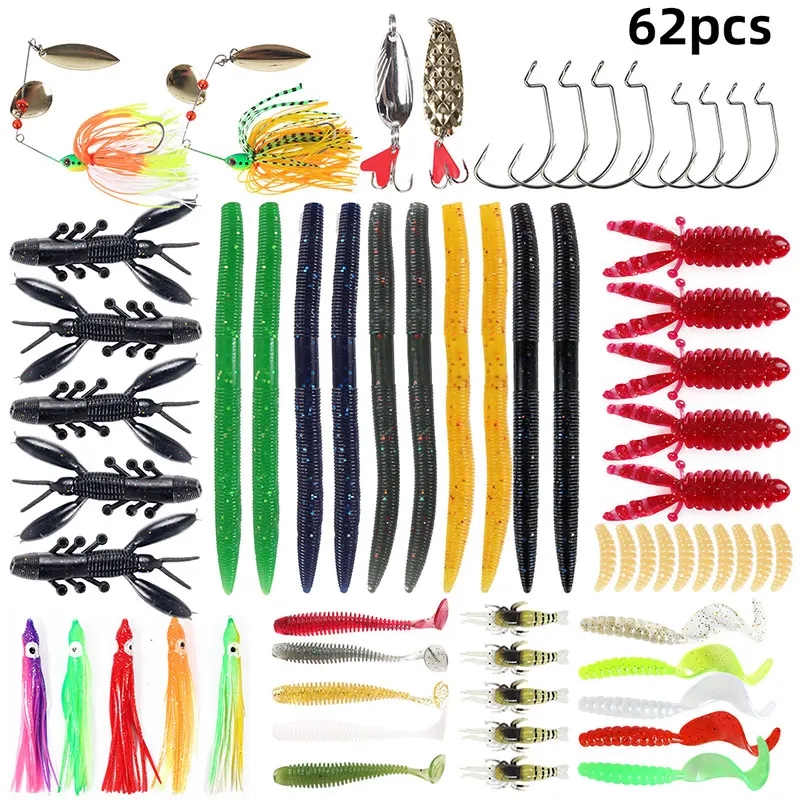 

62pcs Fishing Lure Set Kit Soft and Hard Lure Baits With Box Wide Variety Finshing Accessory FK88