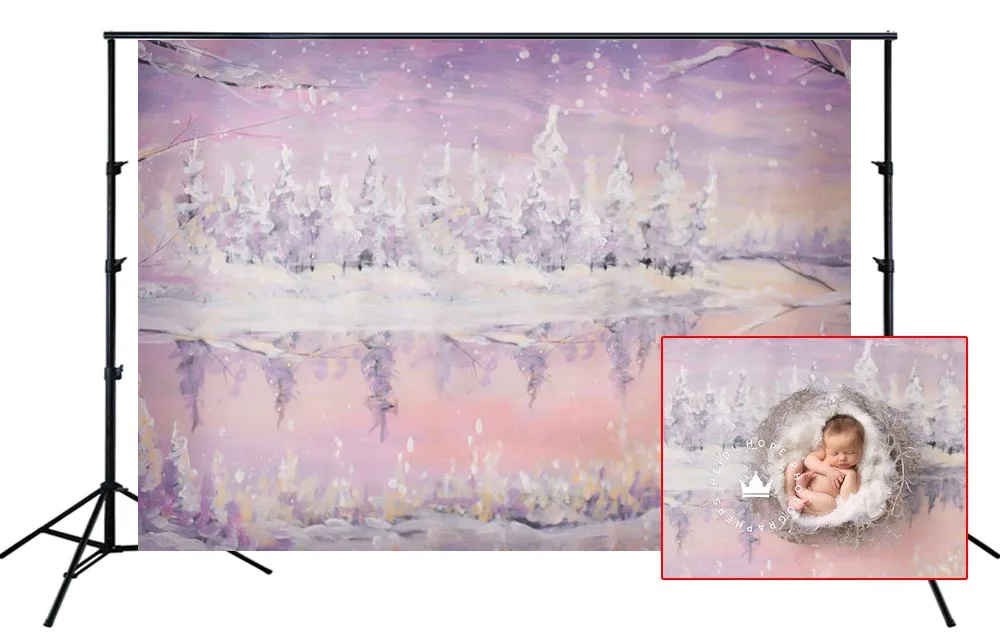 Картина маслом фиолетовый розовый белый Снежный лес фон Дети 1 й День рождения