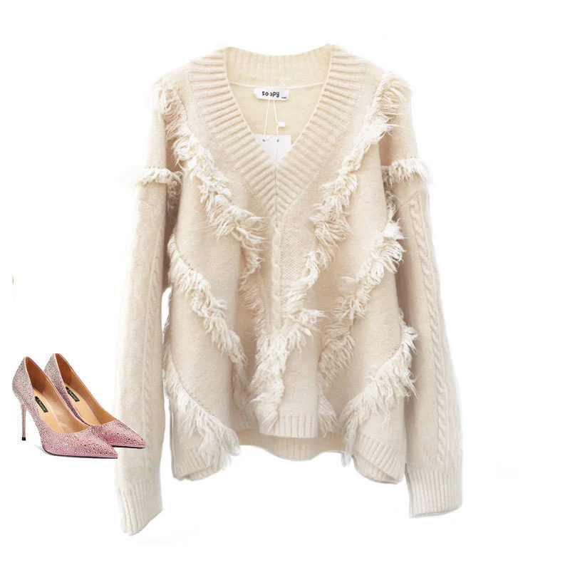

Women Tassels Sweaters Long Sleeve Female Jumper Knitted Soft Pullover V Neck Elegant Clothes Loose Fall Winter Girls Outerwear