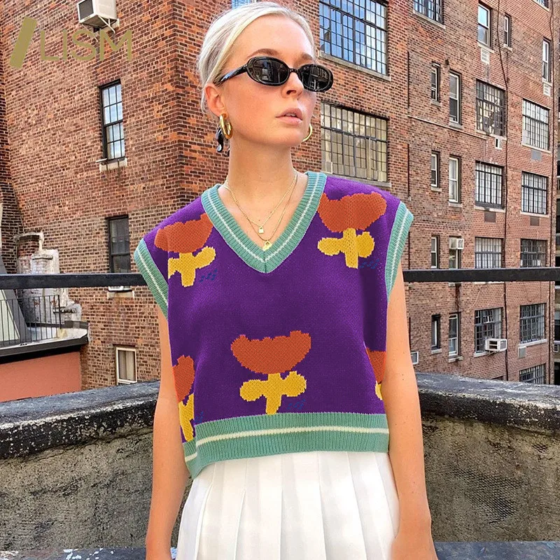 

LISM Vintage Sleeveless Vest Sweaters Jumper Fashion Winter Fall Casual Patchwork Flower Pattern V-Vest Women Knitted Pullovers