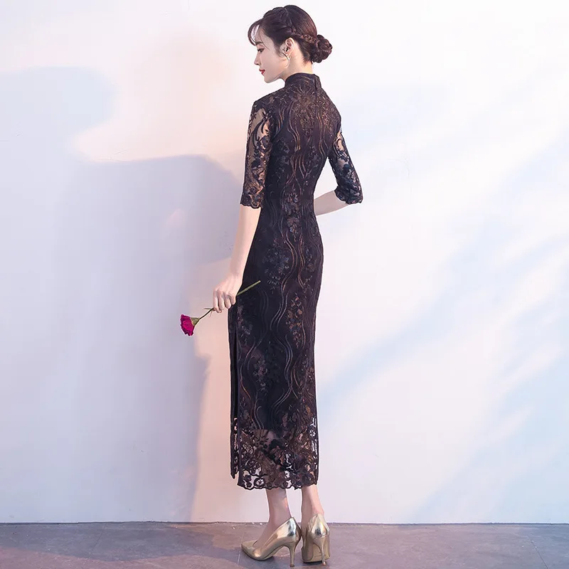 

Sexy Side Split Women Satin Qipao Dresses Slim Hollow Out Embroidery Flowers Skirt Elegant Vintage Stand Collar Cheongsam Gown