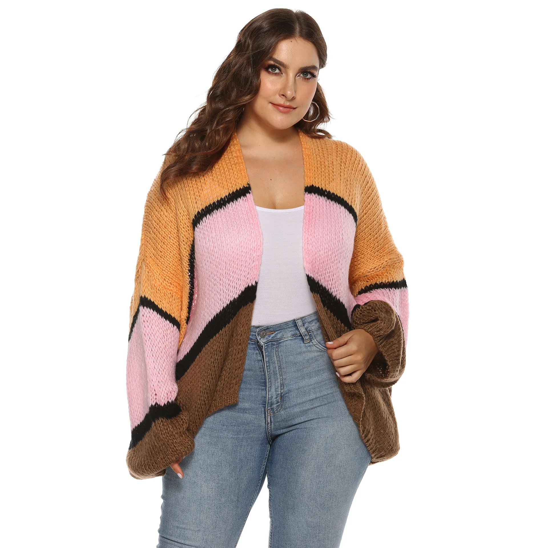 

Contrast Color Elegant Cardigan Women Autumn Winter Lantern Long Sleeve Knitted Casual Sweater Plus Size Female Jumper Coat