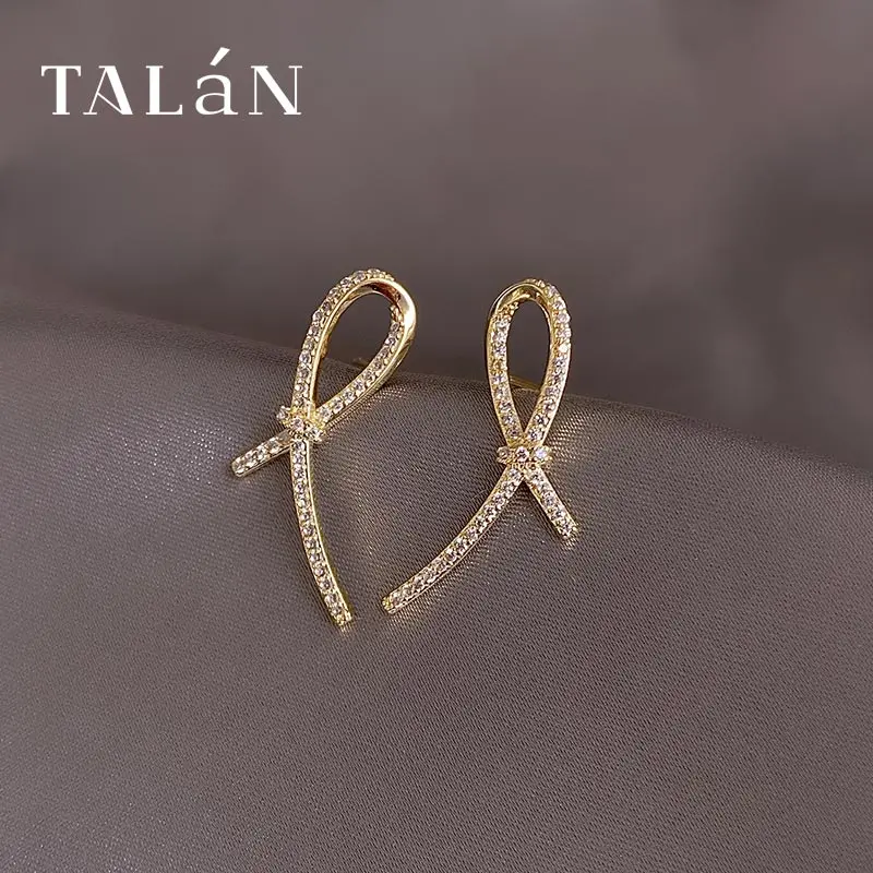 

New Korean Gold Metal CZ Stone Stud Earrings for Women Crossed Knotted Style Simple Girl's Party Fashion Jewelry Best Gift