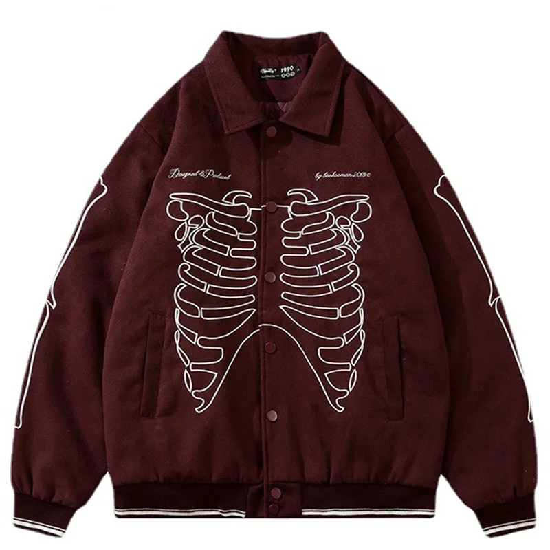 

Skeleton Bone Embroidered Winter Jacket Mens Thicken Varsity Jackets Couple Harajuku Retro Streetwear Warm Outwear Unisex 2021