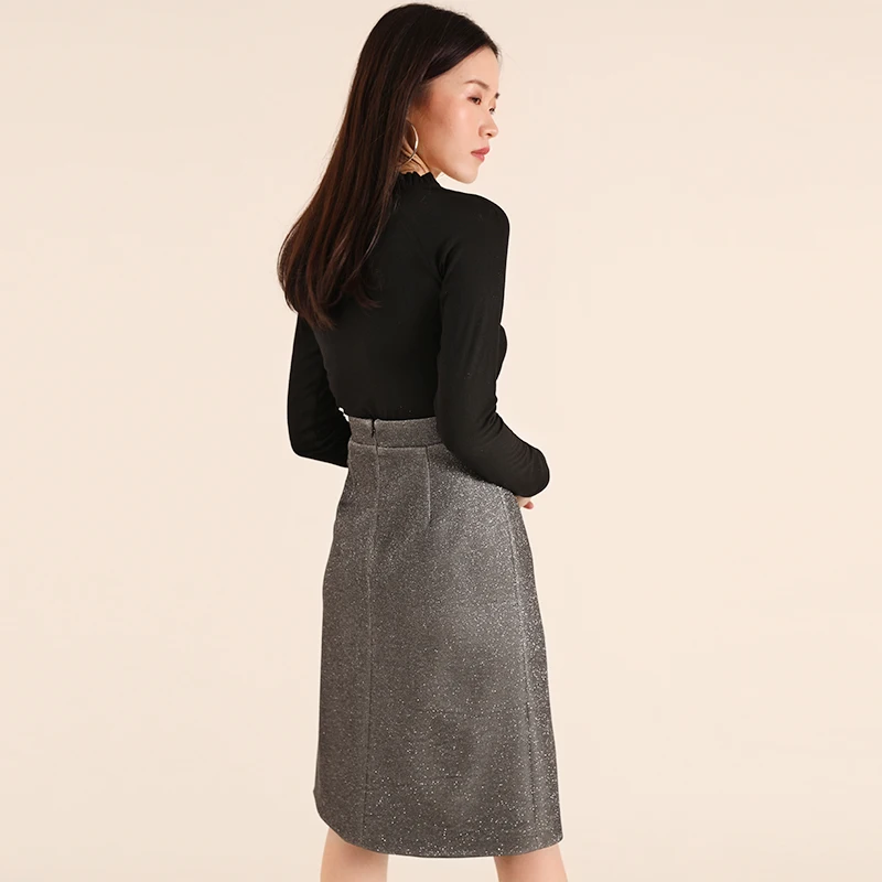 Женская Блестящая Юбка До Колена элегантная офисная серая юбка с высокой талией