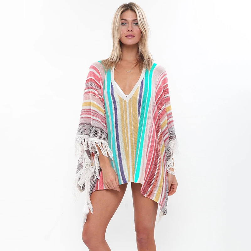 Красочная вязаная Пляжная накидка женская на купальник пляжный купальный костюм