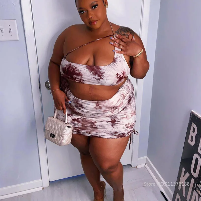 

Tie Dye Two Piece Set Women Summer Clothes 2021 Sexy Club Wear Backless Crop Tops Plus Size Skirt Set Wholesale Dropshipping