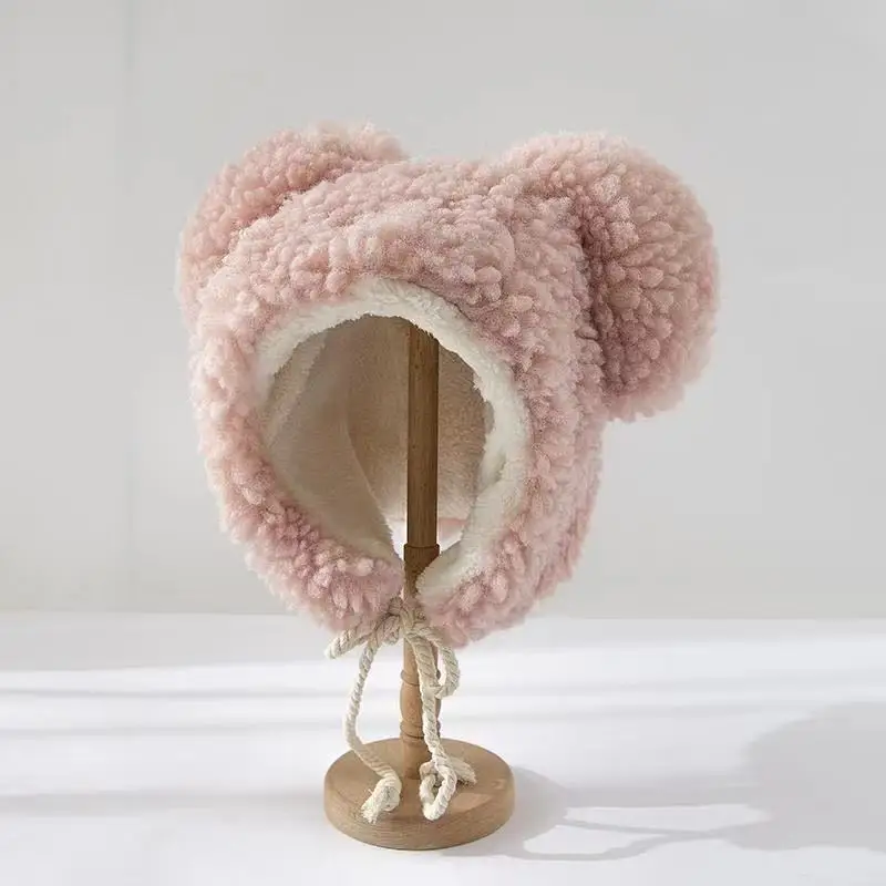 

2021 Women Winter Thicken Plush Warm Earflap Hat Cute Bear Ears Windproof Beanie Cap with drawstring Chin Strap