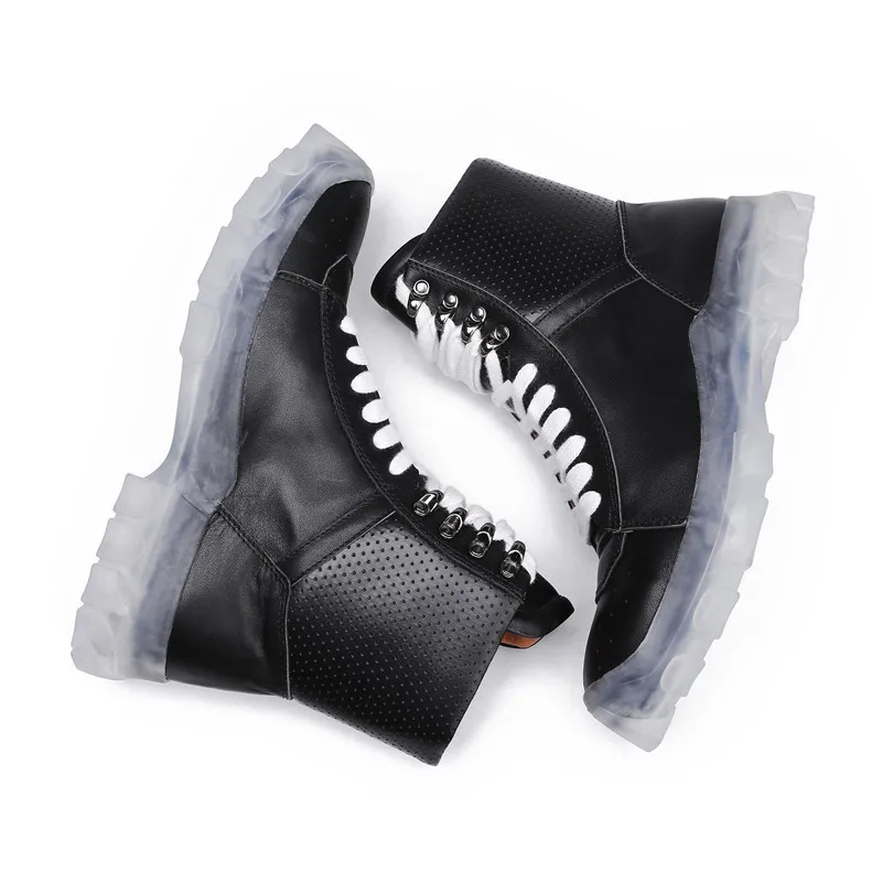 

Genuine Leather Thick Platform Shoes Men Winter Lace Up High Top Casual Sneakers High Street Ankle Army Boot Men Black Plus Size