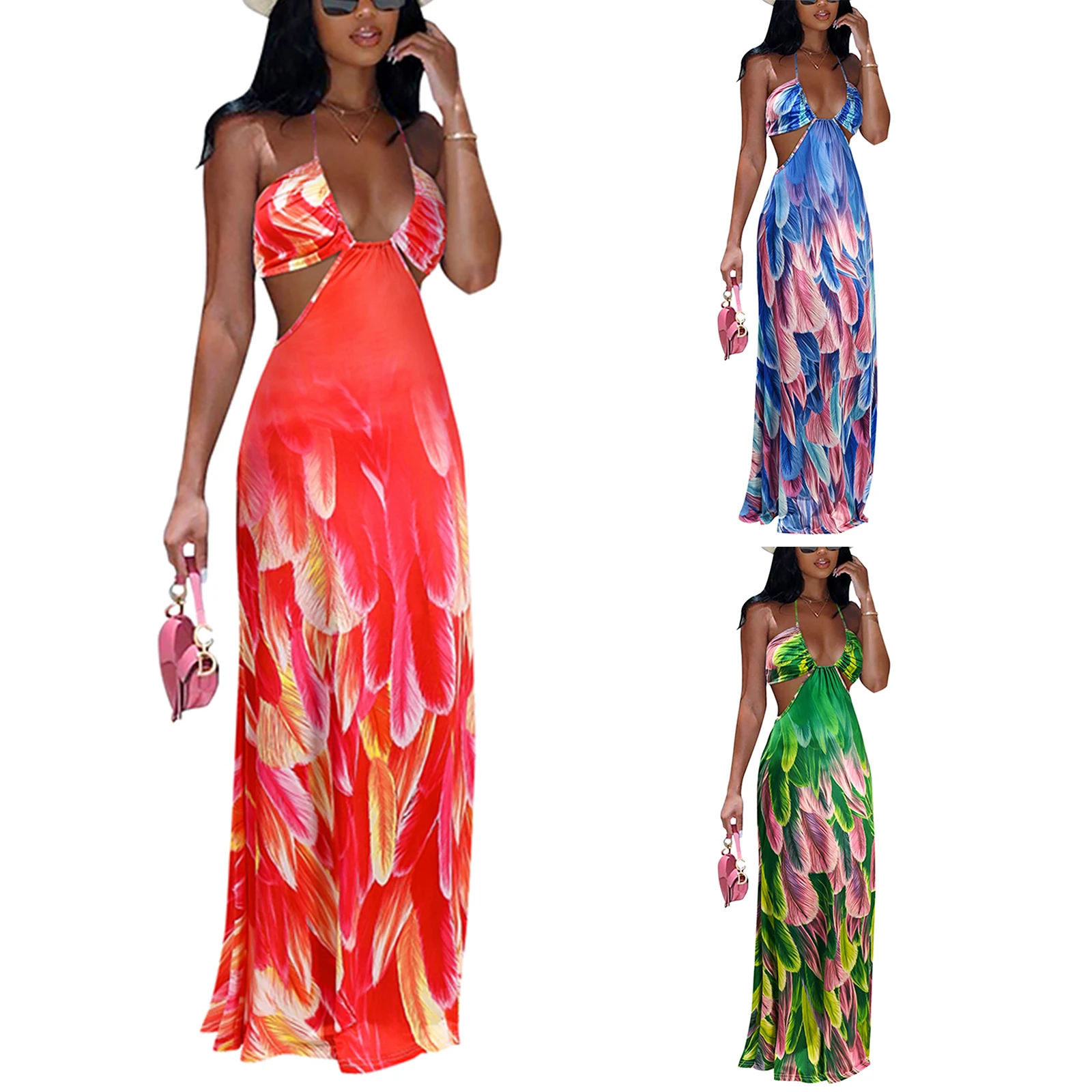 

Female Dress, Feathers Print Sleeveless Spaghetti Strap One-Piece for Summer, Red/Green/Black, S/M/L/XL
