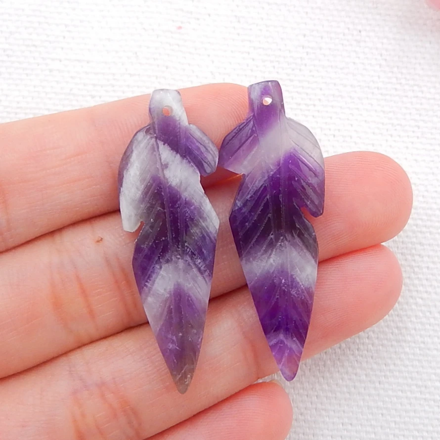 

New!! Hand Carved Amethyst Feather shaped earrings beads, 48x14x4mm5.9g