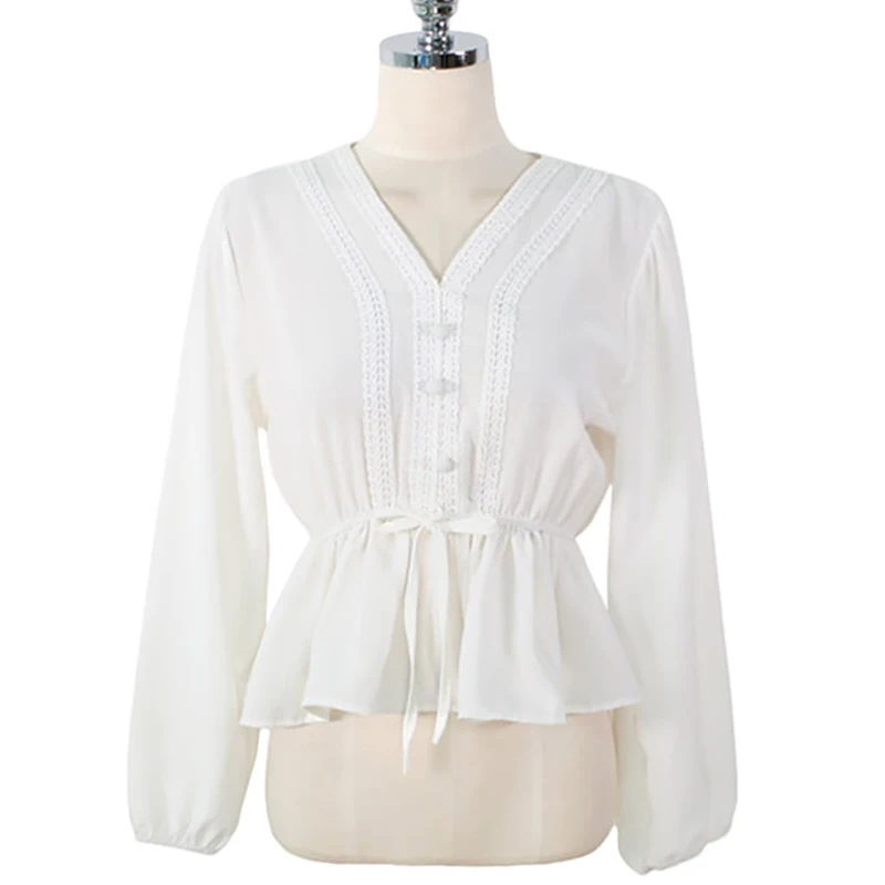 Белые блузки с лентами Женская повседневная одежда 2021 осенняя кружевная рубашка
