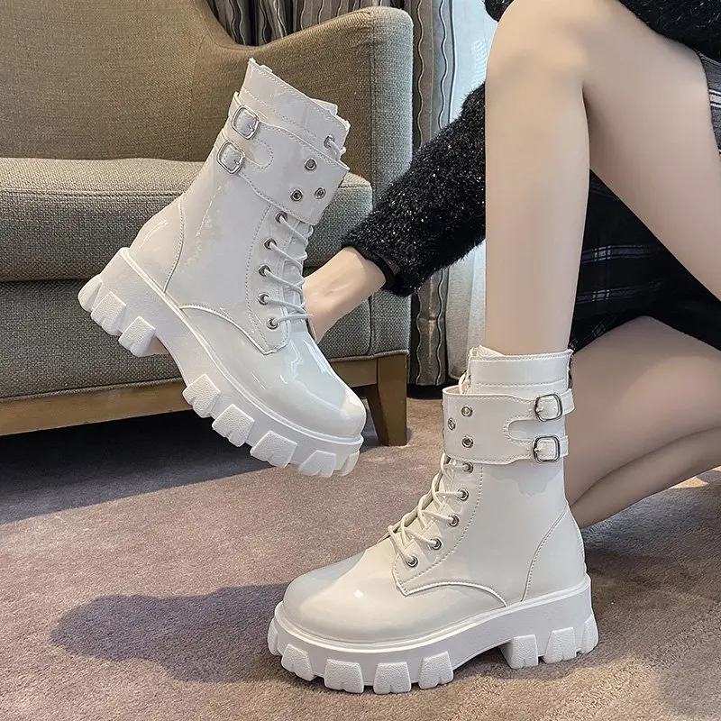 

Women's Martin boots Platform Motorcycle Boots Women Gothic Chunky Punk Woman Black Cool Metal Buckle Ankle Female Lace Up