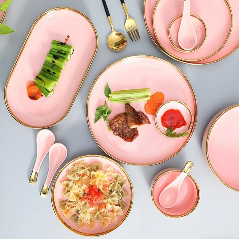 

Gilt Rim pink Plate Steak Food Plate Nordic Style Tableware Bowl Ins Dinner Dish High End Porcelain Dinnerware Set