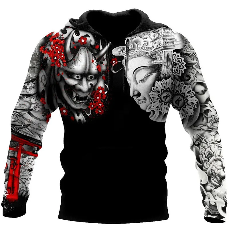 

Buddhism and Oni Mask Tattoo 3D Printing Autumn Men's Hoodie Unisex Casual Zipper Pullover/Sweatshirt Fashion Street Tops S-5XL
