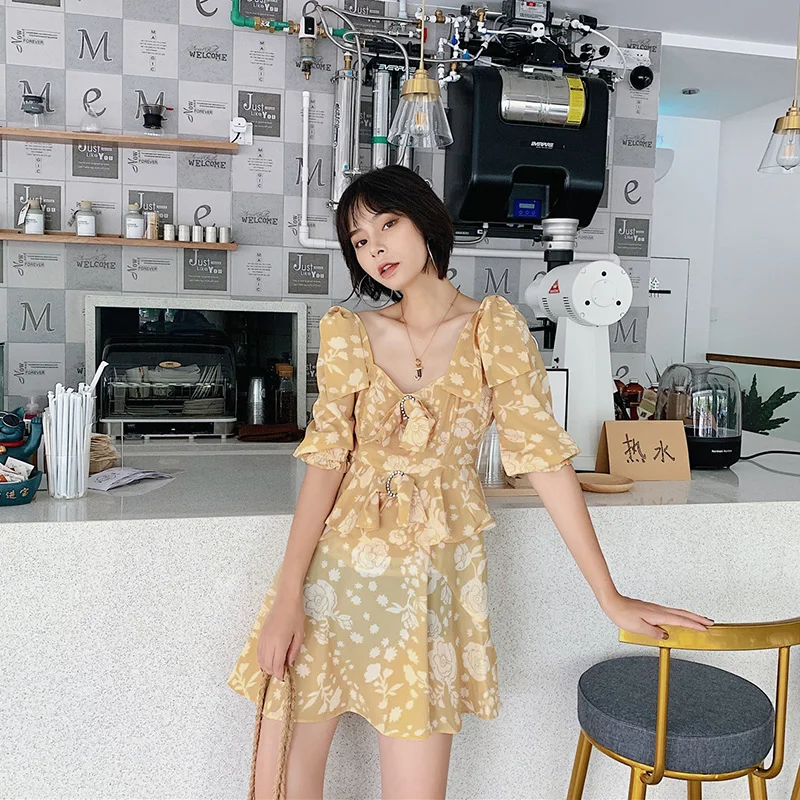 Женское Плиссированное мини платье с коротким рукавом бантом и цветочным