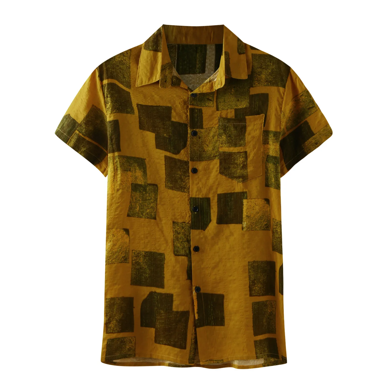 

2021 Summer Men's Shirt Casual Stripe Print Splice Short Sleeve Button Turn-down Collar Shirt Chemise Homme#30