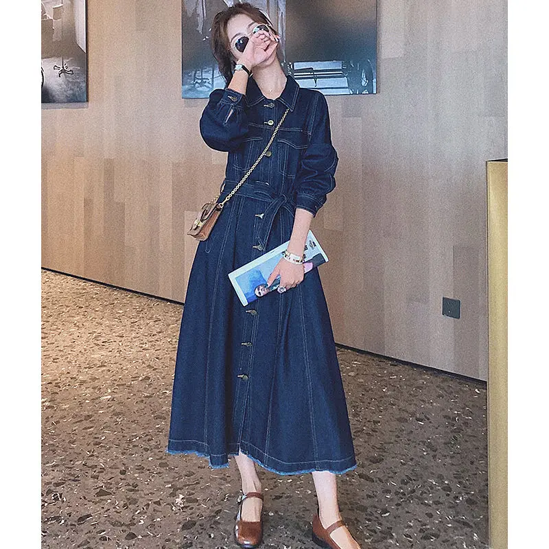 

New Vintage Blue Denim Dress Women Spring Lapel Collar Full Sleeve Single Breasted Korean Work Ol Jeans Long Maxi Denim Dress