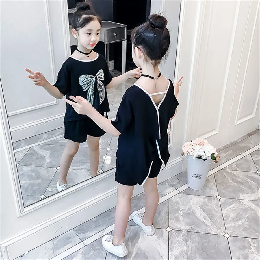 Одежда для девочек сплошной цвет топ футболка + шорты комплект одежды летней