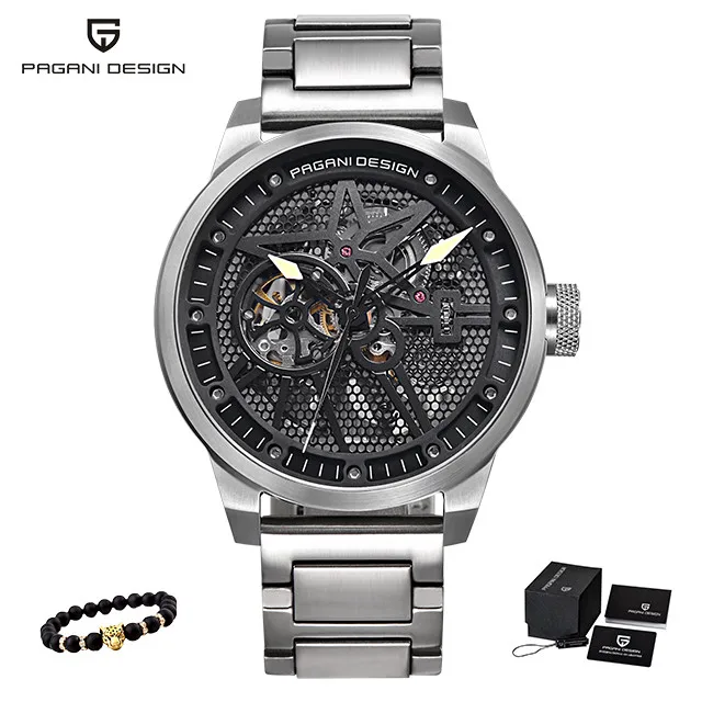 Модный Роскошный бренд Pagani кожаный Tourbillon часы Автоматические Мужские часы Мужские механические стальные часы Relogio Masculino+ коробка - Цвет: S-silver black