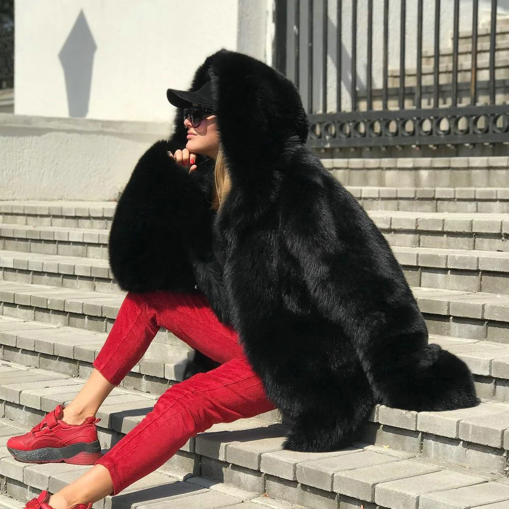 Black Genuine Fox Fur Coat with Hood Thick Warm Fur Overcoat Luxury Women Full Pelt Real Fox Fur Jacket Medium Length Outwear