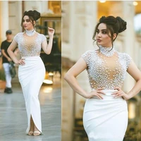 dubai beaded prom dress white high neck illusion see through cap sleeves formal evening dresses gala plus size party gown 2020