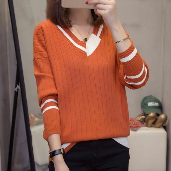 Plus Size V Neck Spell Color Pullover Women Knitted Sweater 2020 Autumn Winter Clothes Trendy Oversize Knitwear Jumper DA643 | Женская