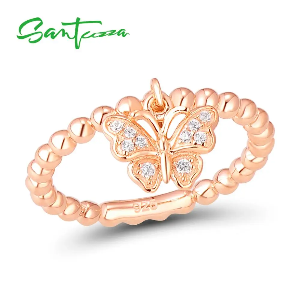 SANTUZZA, серебряное кольцо для женщин, 925 пробы, серебряные кольца, розовое золото, Бабочка, кубический цирконий, набор колец, вечерние ювелирные изделия